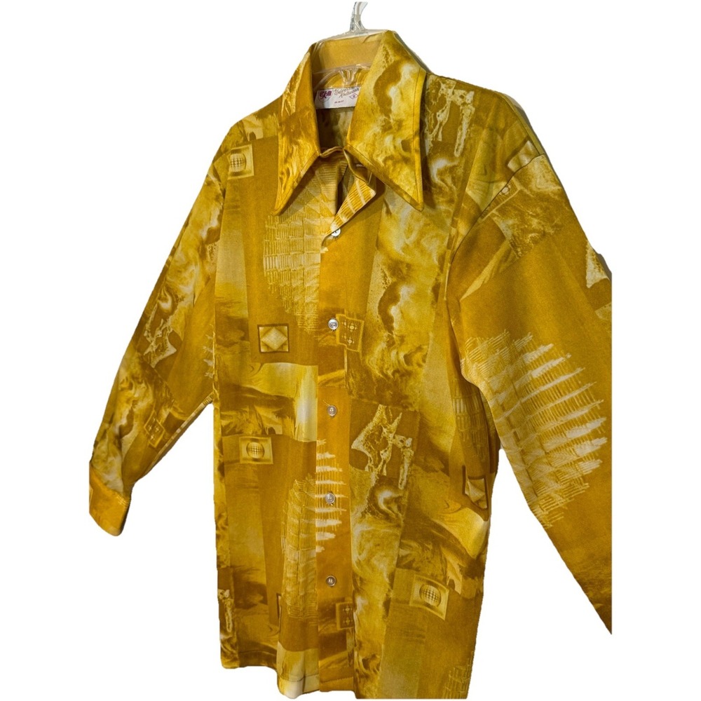 Vtg 60s 70s Disco Shirt Mens Yellow Nik Nik Hippie Graphic Print Sz SM Retro Mod